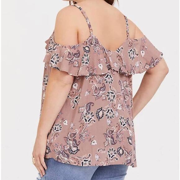 TORRID Walnut Paisley Gauze Cold Shoulder Top Sz 1 - Picture 2 of 8
